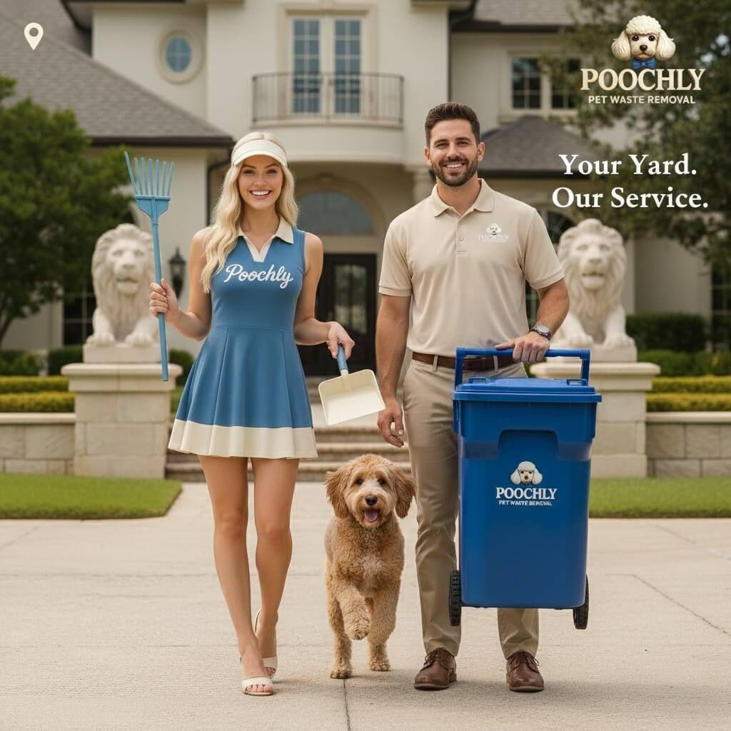 Poochly Pet Waste Removal professional team with dog in front of luxury home holding rake and bin for yard cleanup service