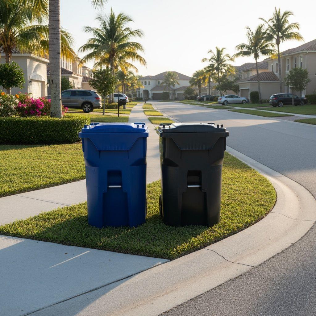 Premium bin-to-curb concierge service in upscale Jacksonville neighborhood with blue and black trash bins on manicured lawn