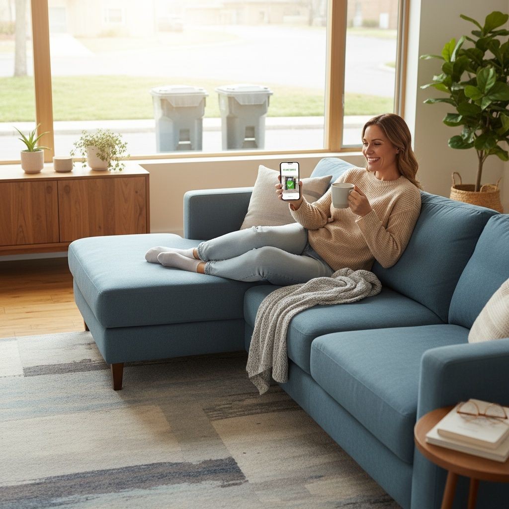 "Jacksonville homeowner relaxing with coffee receives Poochly bin-to-curb service text notification